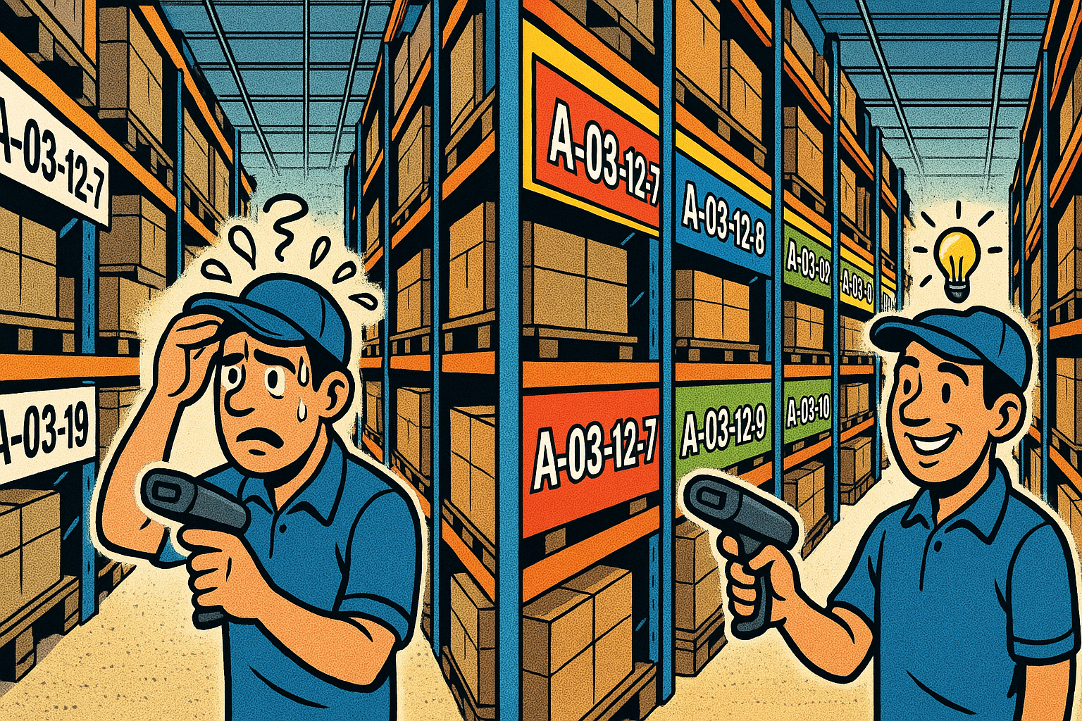 Comicstijl illustratie in landschap verhouding van een magazijnpad met hoge stellingen De afbeelding is in tween gesplitstLinkerkant stellingen met alleen zwartwitte locatiestickers met alfanumerieke codes zoals A03127 Een magazijnmedewerker met scan-1