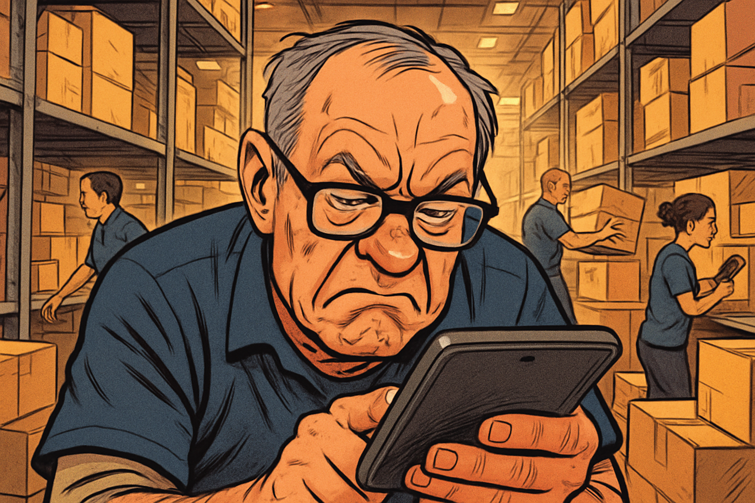 Een gellustreerde scne in een magazijn Op de voorgrond zie je een oudere man met een bril die gefrustreerd dicht met zijn gezicht boven een handheld scanner of tablet hangt Hij probeert de tekst te lezen maar het is duidelijk dat hij moeite heeft met